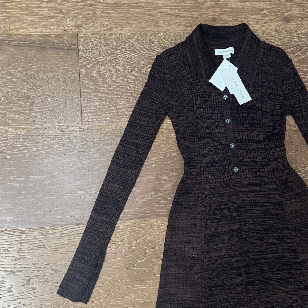 Treasure & Bond Black Brown Marl Textured Knit Collared Midi Dress NWT Sz S - Picture 5 of 6